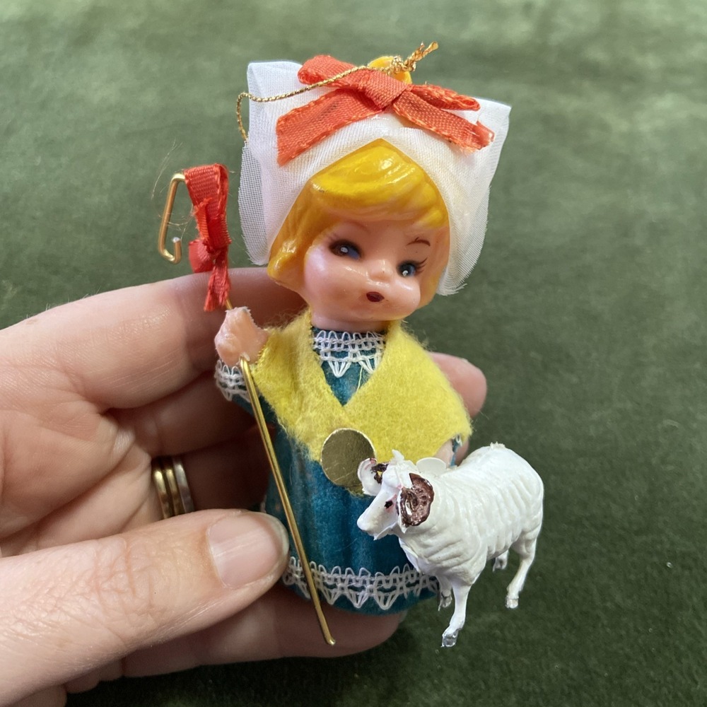 VTG Nursery Rhyme Girl MARY & LAMB Flocked Plastic Blow Mold Christmas Ornament